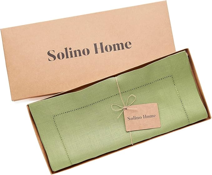 Solino Home Linen Moss Green Table Runner 90 Inches Long - 100% Pure Linen Hemstitch 14 x 90 Inch Table Runner for Dining, Fall, Autumn, Thanksgiving - Classic Hemstitch