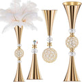 VIJIV Gold Crystal Flower Vases for Centerpieces Tables - Tall Trumpet Vase for Bouquet Decorative, Dining Table Décor Flower Stand with Ribbed Texture for Events, Bridal Showers & Boho Weddings
