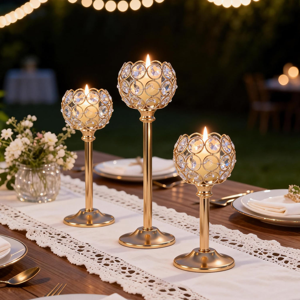 Gold Crystal Candle Holders Candlestick Holders - 4 Sets Tall Bling Bowl Candelabra Centerpieces for Dining Table, Wedding, Party & Fireplace Mantel Decor,12Pcs