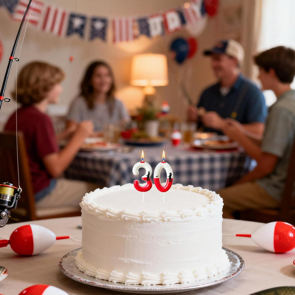 Fishing Birthday Candle Number 30 for Men, Red and White Bobber Cake Topper, Dad Grandpa Cake Decoration