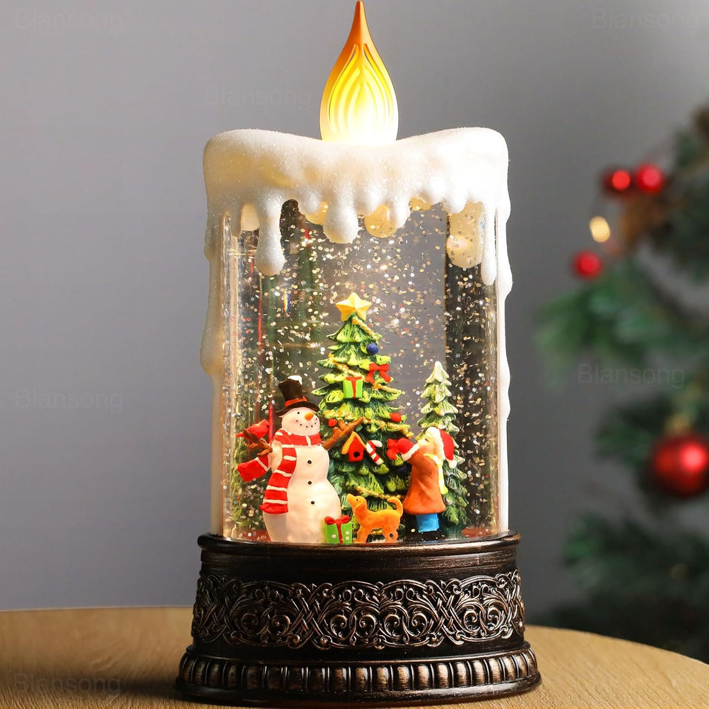 Christmas Snow Globe Candle Christmas Decorations Indoor Auto Snowfall Glitter Music Collection Snowman Child Tree with 6H Timer USB/Battery Powered 9.7 inch