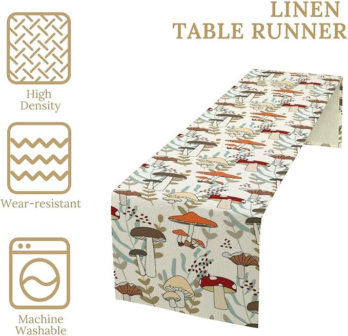 Mushroom Table Runner, Vintage Nature Plant Table Runner for Farmhouse Kitchen Dining Table Decoration for Home Party Decor 13x60 Inch