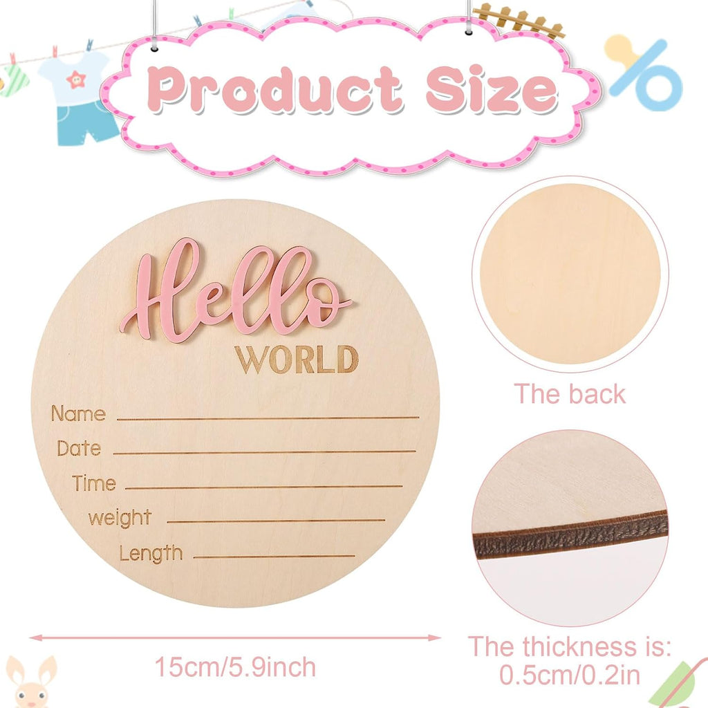 Baby Announcement Sign, 5.9in Wooden Hello World Newborn Signs Birth Announcement Sign Welcome Name Plaques for Newborn Boys and Girls Photo Props Baby Shower Hospital Nursery (Light Pink)