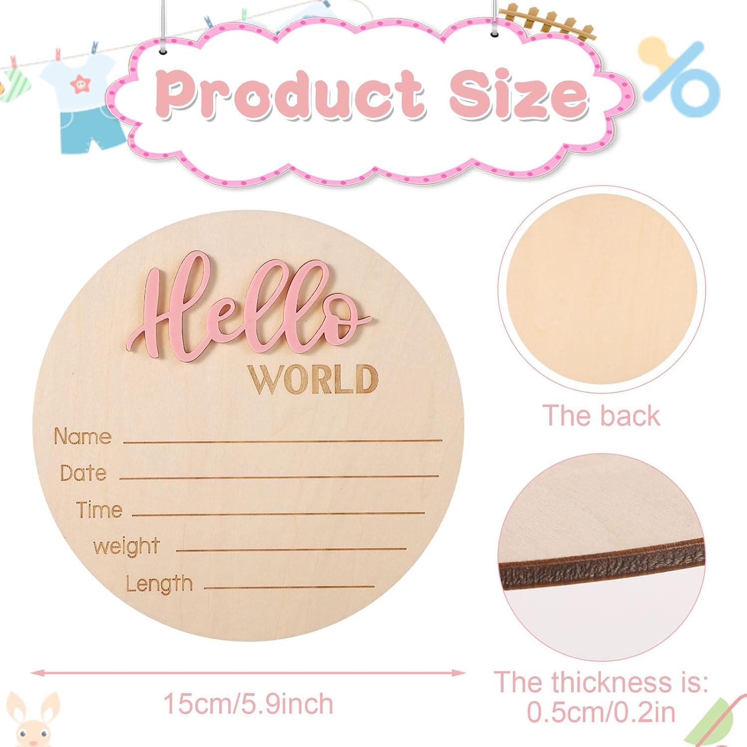 Baby Announcement Sign, 5.9in Wooden Hello World Newborn Signs Birth Announcement Sign Welcome Name Plaques for Newborn Boys and Girls Photo Props Baby Shower Hospital Nursery (Light Pink)