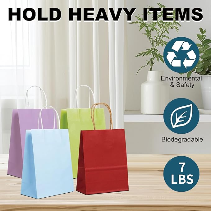 BAG BOX 50 Pack Small 5.9x3.1x8.25 Inch Blue Kraft Paper Gift Bags with Handles for Bulk Shopping, Retail, Craft, Party Favors, Wedding, Grocery & Sacks
