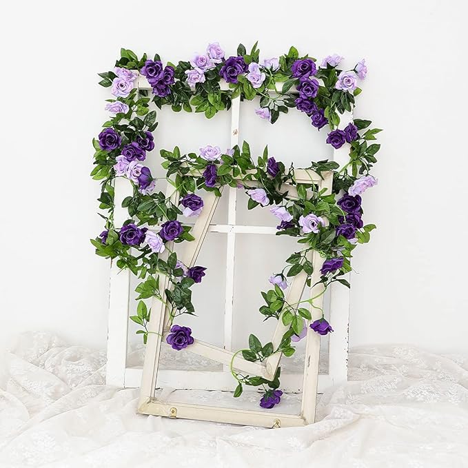 Veryhome 3PCS 23.7FT Artificial Purple Rose Flower Garland, Silk Hanging Floral Garland, Decorative Flower Vines for Room Decor Wedding Arch Flowers for Ceremony (Purple)