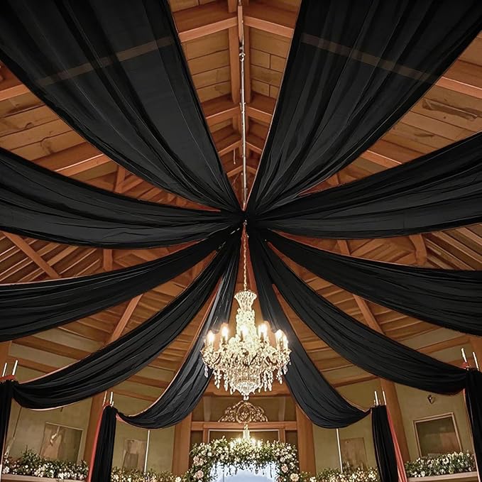 MODFUNS Black Ceiling Drapes Wedding Arch Draping Fabric 5x20ft 6 Panels Chiffon Sheer Ceiling Curtain Elegant Ceiling Draping Fabric for Wedding Ceremony Party Ceiling Decoration