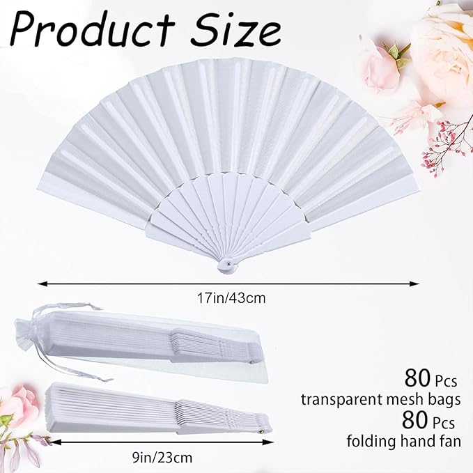 Wenqik 80 Pcs Wedding Folding Hand Fans Bulk Silk Fabric Chinese Handheld Foldable Clack Fans with Plastic Ribs for Party, Wedding Gifts, Line Dancing, Home Decorative (White)