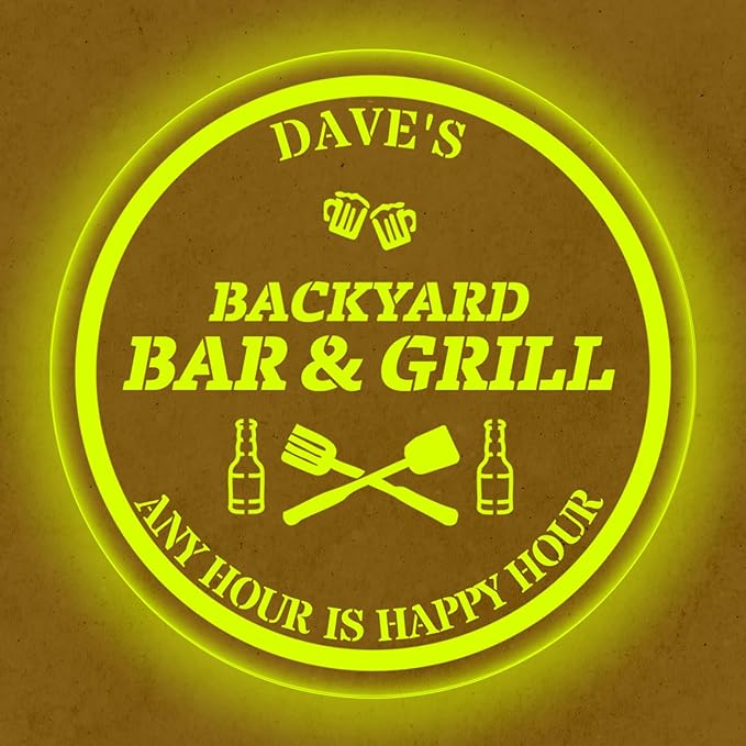 Custom Acrylic LED Bar Sign – Personalized Color Changing Wall Decor for Backyard Patio, Home Bar, Kitchen, or Man Cave (Bar & Grill, 20 INCHES)