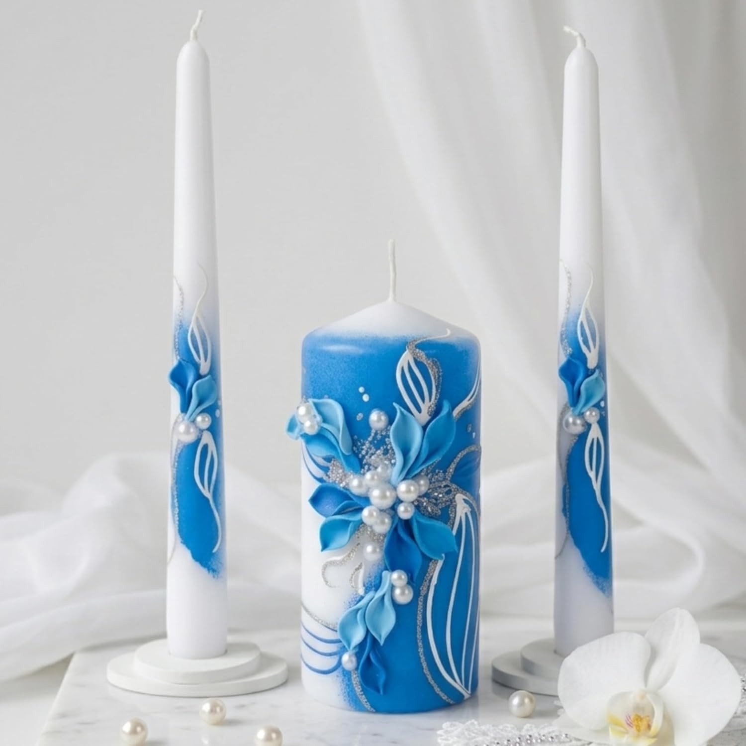 Unity Candle Set for Wedding Ceremony & Reception – 6” Pillar & Two 10” Taper Candles – Wedding Decor for Reception and Church Services – Handmade in USA –White | Royal Blue