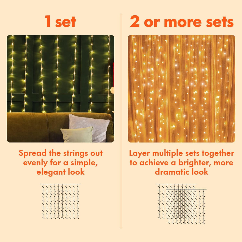 Twinkle Star 300 LED Curtain String Lights, Warm White | 8 Modes, Plug In, For Bedroom Wedding Party Birthday, Indoor Outdoor Wall Window Backdrop