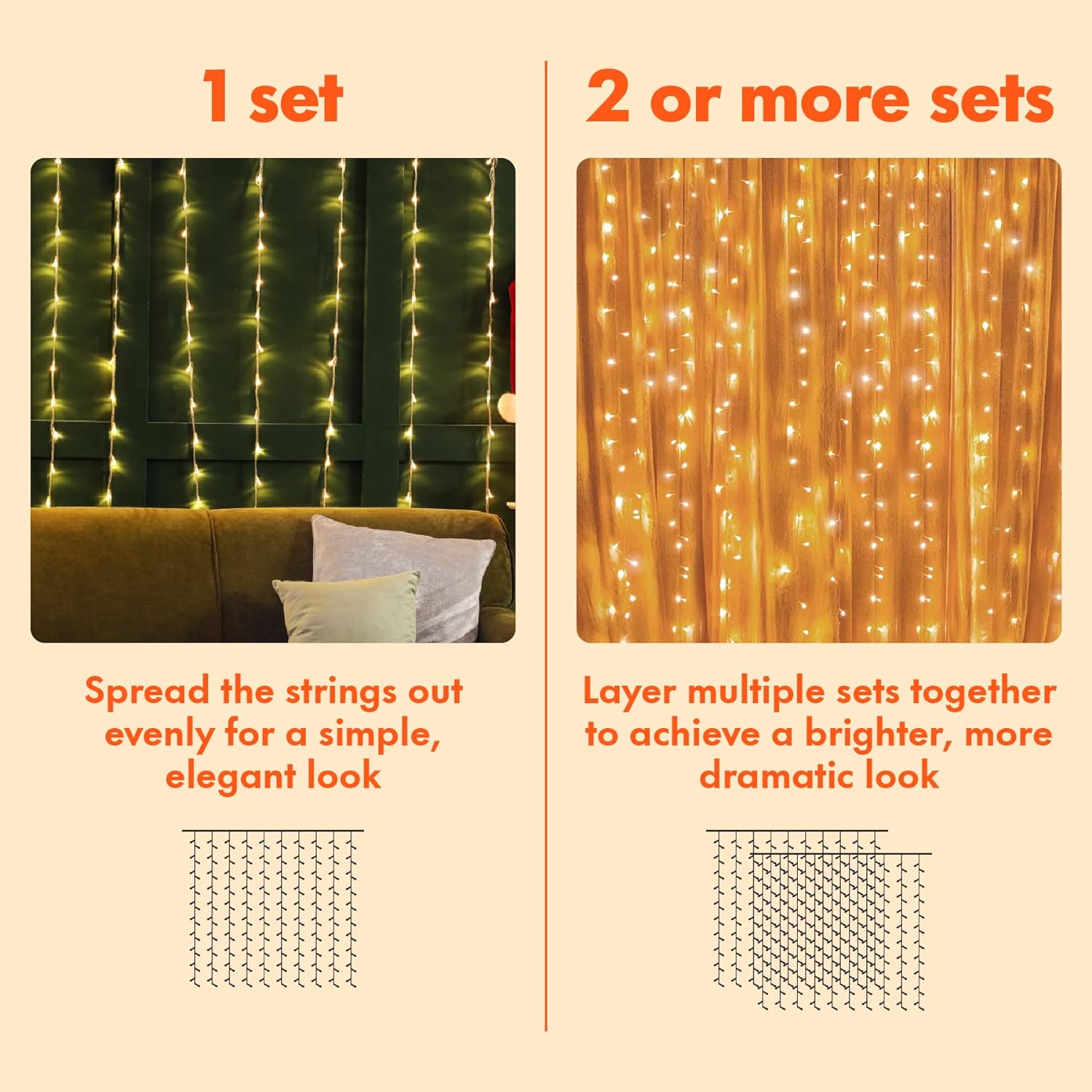 Twinkle Star 300 LED Curtain String Lights, Warm White | 8 Modes, Plug In, For Bedroom Wedding Party Birthday, Indoor Outdoor Wall Window Backdrop