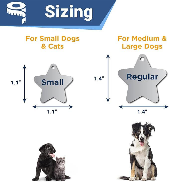 GoTags Stainless Steel Pet ID Tags, Personalized Dog Tags and Cat Tags, up to 8 Lines of Custom Text, Engraved on Both Sides, in Bone, Round, Heart, Bowtie and More (Star, Small (Pack of 1))