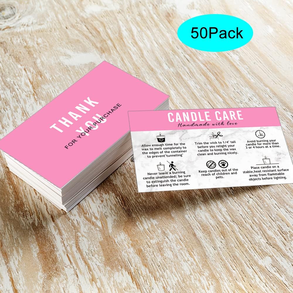 Handmade Candle Care Instruction Card, Card, for Makers Soy Bees Wax Coconut Essential Oils Black with White, 50 Pack 3.5 x 2 inches (Pink)