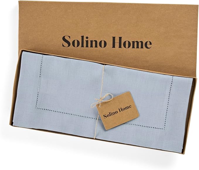 Solino Home Linen Dusty Blue Table Runner 108 Inches Long - 100% Pure Linen Hemstitch 14 x 108 Inch Table Runner for Dining, Fall, Autumn, Thanksgiving - Classic Hemstitch