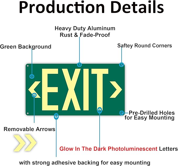 3Pack Photoluminescent Exit Sign Green - 14.25"x 7.5" Aluminum - Adhesive Backing- Includes 6pcs Removable Arrows - Glow In The Dark Exit Signs