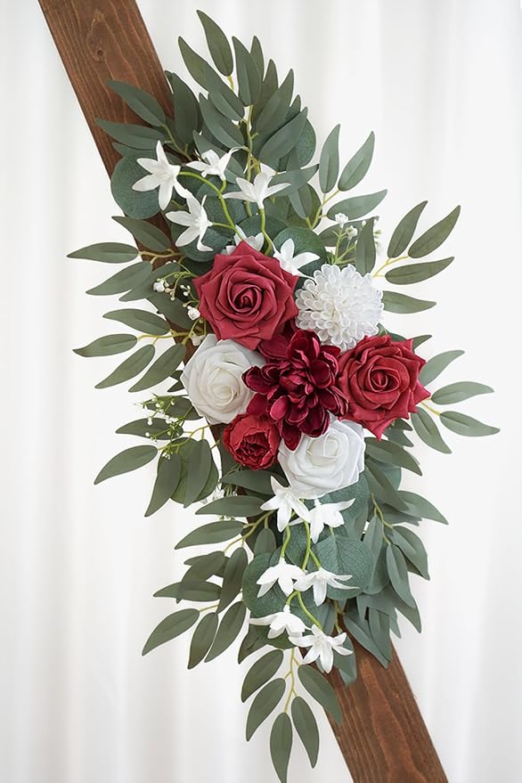 Artificial Flower Swag Set of 2 for Wedding Welcome Signs and Arch Flowers, Red Floral Decorations for Ceremony