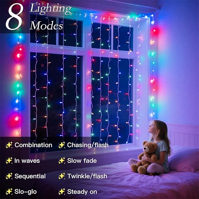 300 LED Rainbow Curtain String Lights 9.8 * 9.8FT Plug in Fairy with Timer and 8 Modes, Waterproof Window Wall Lights for Bedroom Wedding Party Indoor Outdoor Christmas Decor
