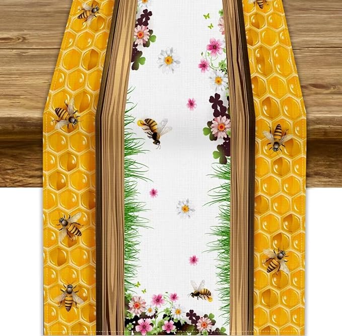 Watercolor Honeycomb Table Runner, Farmhouse Spring Summer Autumn Fall Floral Daisy Bee Print Kitchen Dining Table Decoration for Home Party Decor, 13x120inch