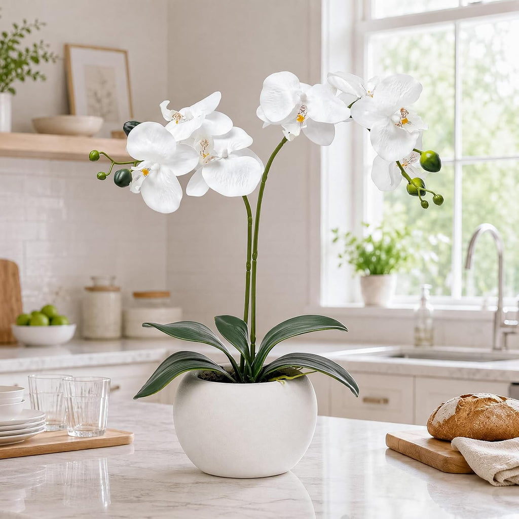 artificial flowers indoor, white fake orchid in pot, main product view