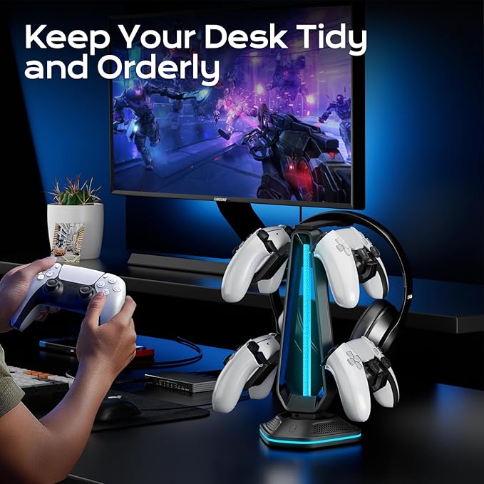 Saitake RGB Headset Stand with 9 Light Modes,Controller Holder for Desk with 2 USB Charging Ports,Suitable for All Headphones and Controllers,Can Simultaneously Place 1 Headset and 4 Controllers