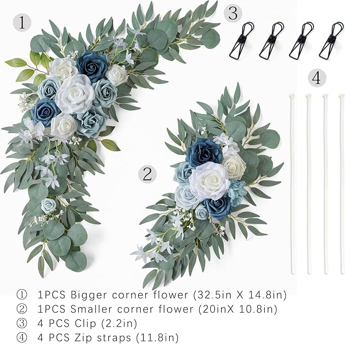 ponatia Wedding Arch Flowers (Pack of 2), Artificial Dusty Blue Flowers & Welcome Signs Decorations for Wedding Ceremony Reception