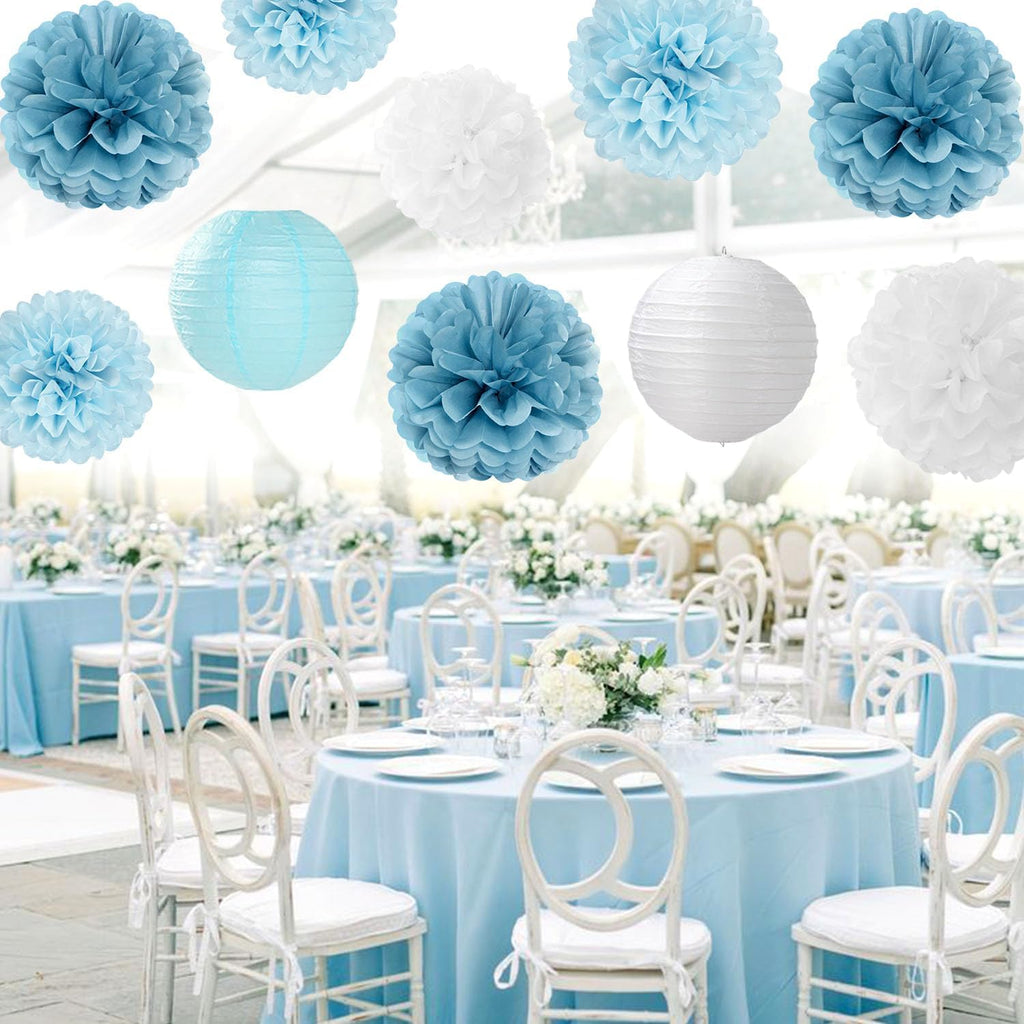 Dusty-Blue White Party-Decorations Paper-Flowers Lanterns - 15pcs Birthday Baby Bridal Shower Tissue Pom Poms Streamers Honeycomb, Boy Men Wedding Bachelorette Hanging Supplies Decor Hugfond