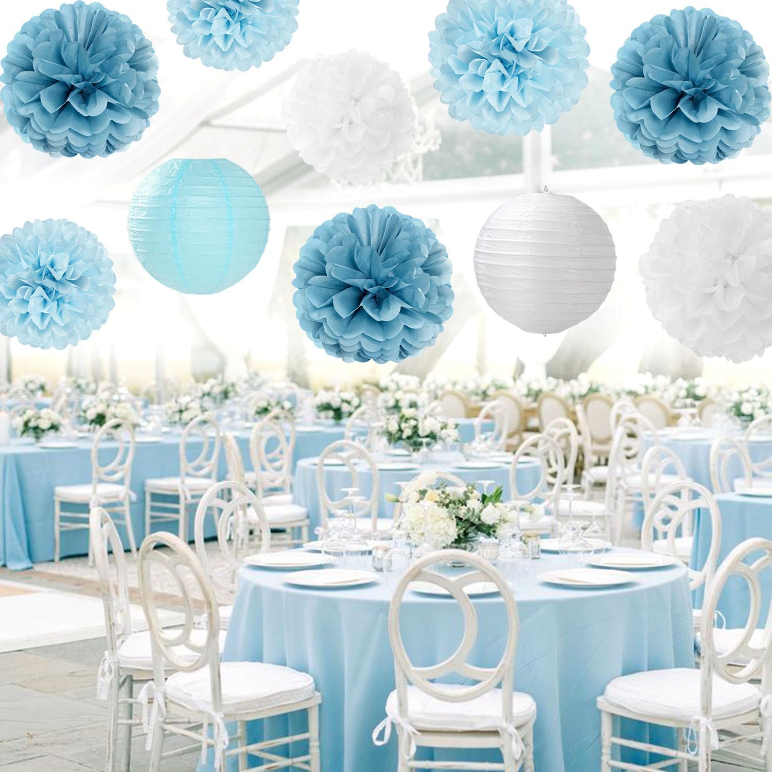 Dusty-Blue White Party-Decorations Paper-Flowers Lanterns - 15pcs Birthday Baby Bridal Shower Tissue Pom Poms Streamers Honeycomb, Boy Men Wedding Bachelorette Hanging Supplies Decor Hugfond