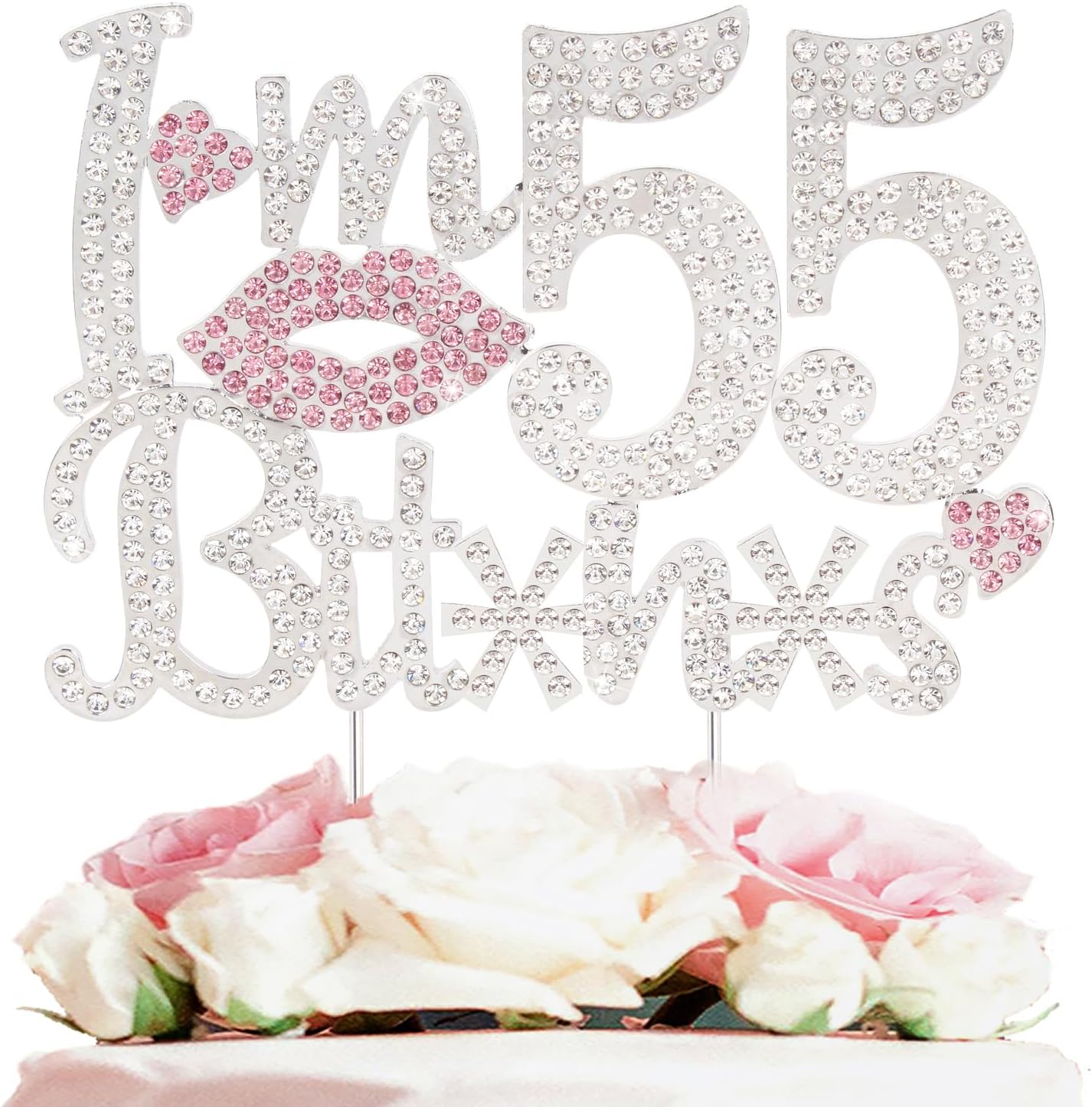I'm 55th Funny Birthday Pink Rhinestone Cake Topper - Happy 55th Birthday Cheers to 55 Years Old Bday Party Metal Sparkly Food Centerpieces Topper Decorations Sign.