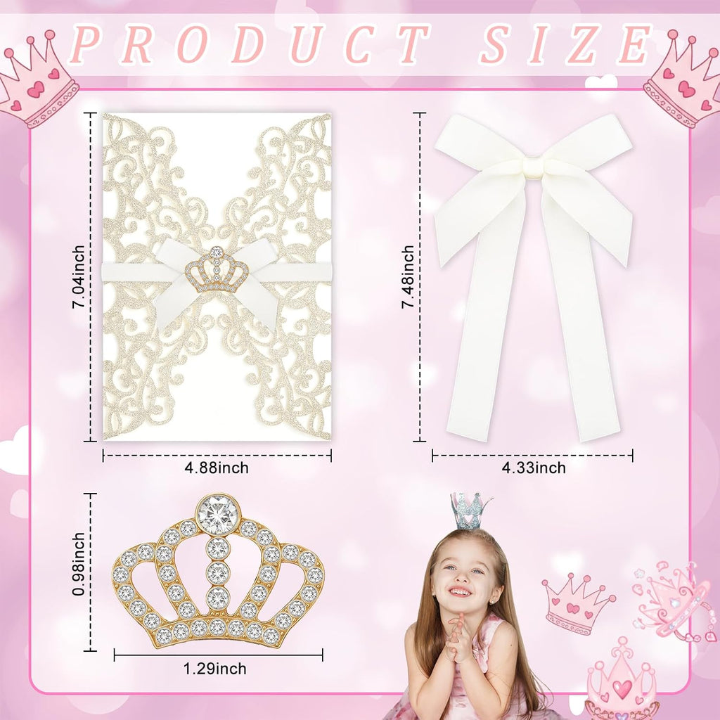 Affrolling 50 Set 5x7 Inch Wedding Invitation Sleeves Quinceanera Invitations Gold Laser Cut Invitation Sleeves with Mini Crowns and Butterfly Ribbons for Sweet 16 Birthday Invitations Girl