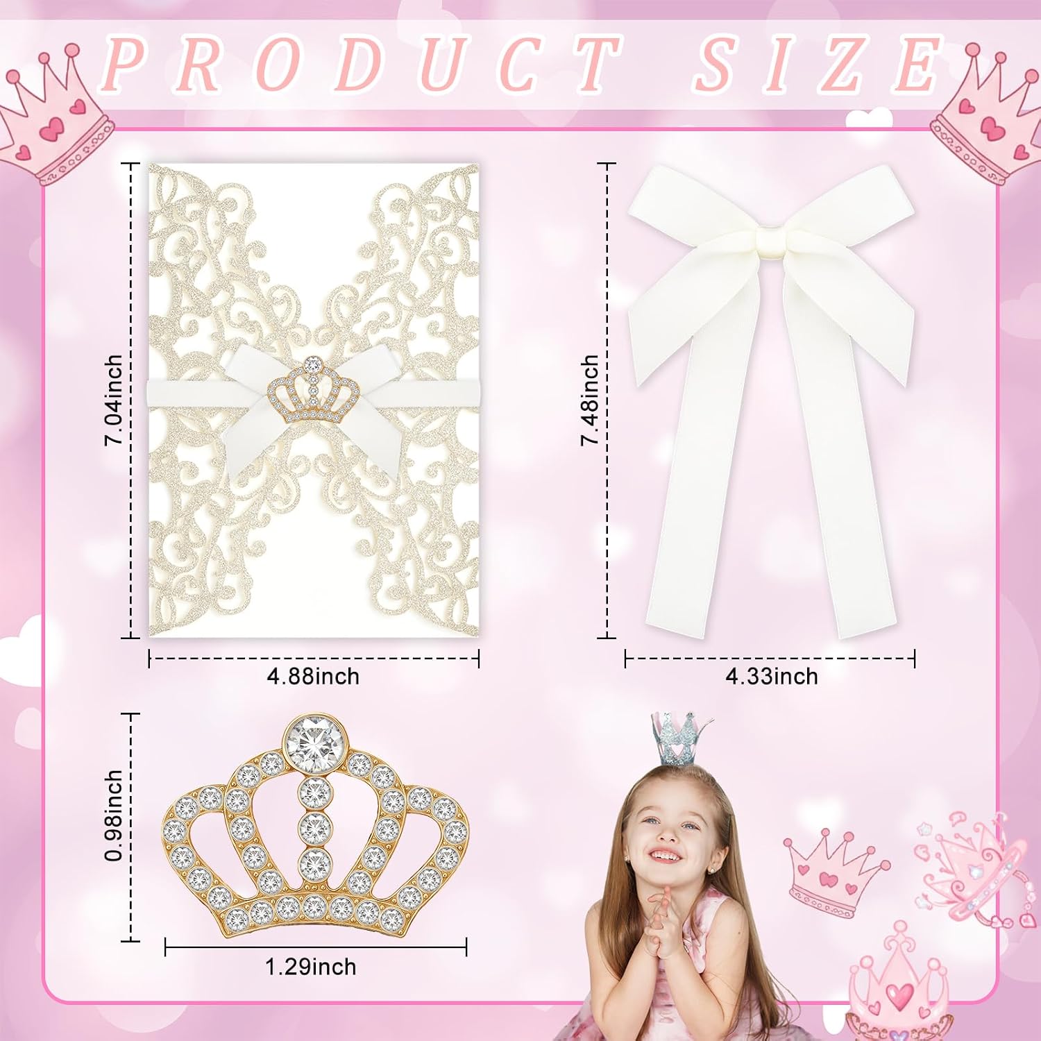 Affrolling 50 Set 5x7 Inch Wedding Invitation Sleeves Quinceanera Invitations Gold Laser Cut Invitation Sleeves with Mini Crowns and Butterfly Ribbons for Sweet 16 Birthday Invitations Girl
