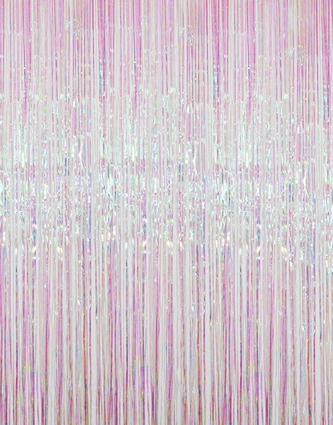GOER 3.2 ft x 9.8 ft Metallic Tinsel Foil Fringe Curtains Party Photo Backdrop Party Streamers for Birthday,Graduation,New Year Eve Decorations Wedding Decor (Iridescent,3 pcs)