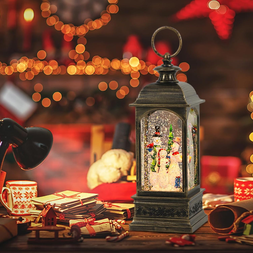 GenSwin Christmas Snow Globes with Music USB Rechargable Cable and Timer, Christmas Lantern Decorations Indoor, 1 Pcs Christmas Music Box with 3 Snowman for Festival Centerpieces