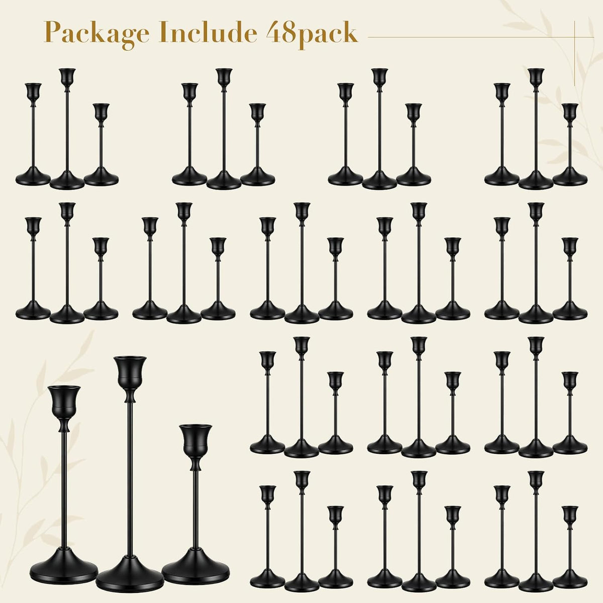 48 PCS Black Metal Taper Candle Holders Set,Brass Vintage Metal Candlestick