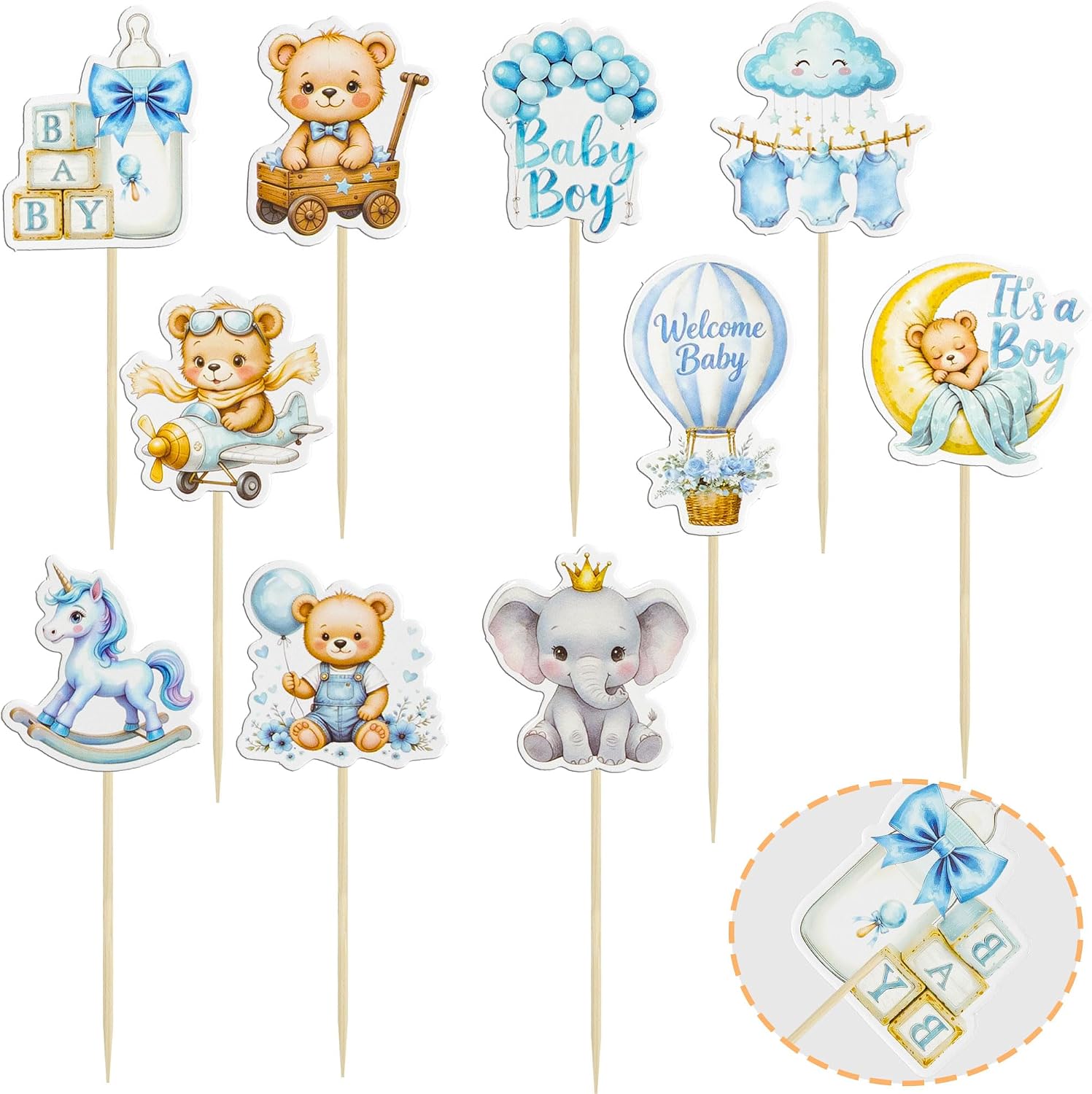Gyufise 40Pcs Baby Girl Cupcake Toppers Baby Shower Decorations for Girls Rainbow Balloon Elephant Bear It's a Boy Cupcake Picks for Baby Shower Birthday Party Supplies Blue White