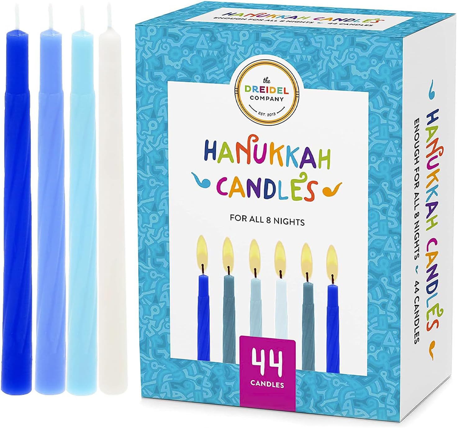The Dreidel Company Hanukkah Candles Premium Pastel Blue & White Deluxe Tapered Hand Decorated Candles (Single)