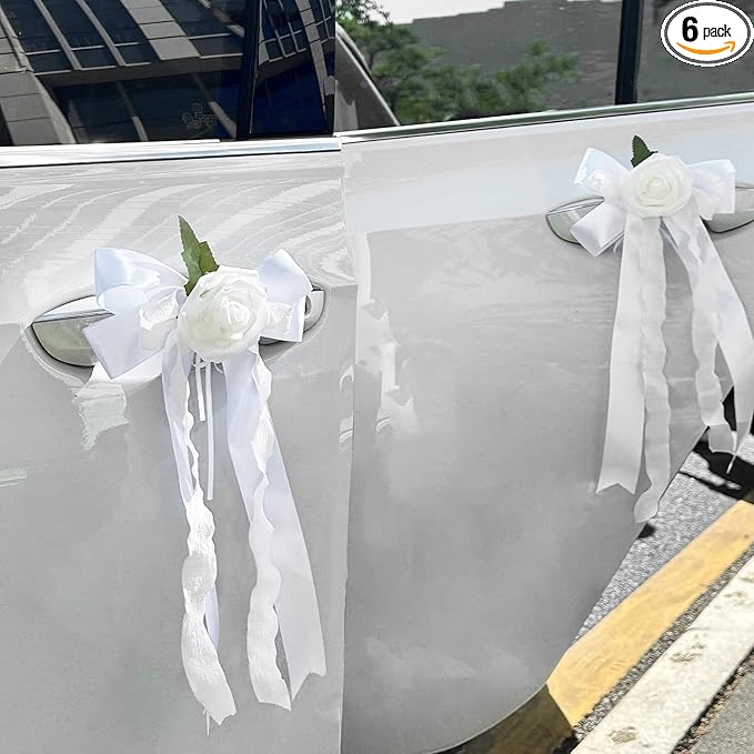 6PCS Wedding Car Door Handle Flowers, White Artificial Cars Rearview Mirror Bouquet Flower Bowknot Ribbon Decors, Just Married Automotive Decoration Accessories for Door Handles and Rearview Mirrors