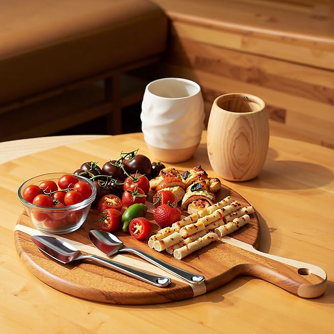 3 PACK Acacia Wood Chopping Boards with Handle, Wooden Charcuterie Board Food Serving Tray Platter for Cheese Pizza Meat Fruit Bread Baking