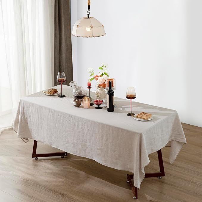 Talasily Linen Tablecloth 100% Pure Linen Table Cloth 60x132 Inches Rectangle Tablecloths Washable Cloths for Kitchen, Dining, Buffet Parties, Holidays, Picnic, Weddings and Restaurants-Natural Linen