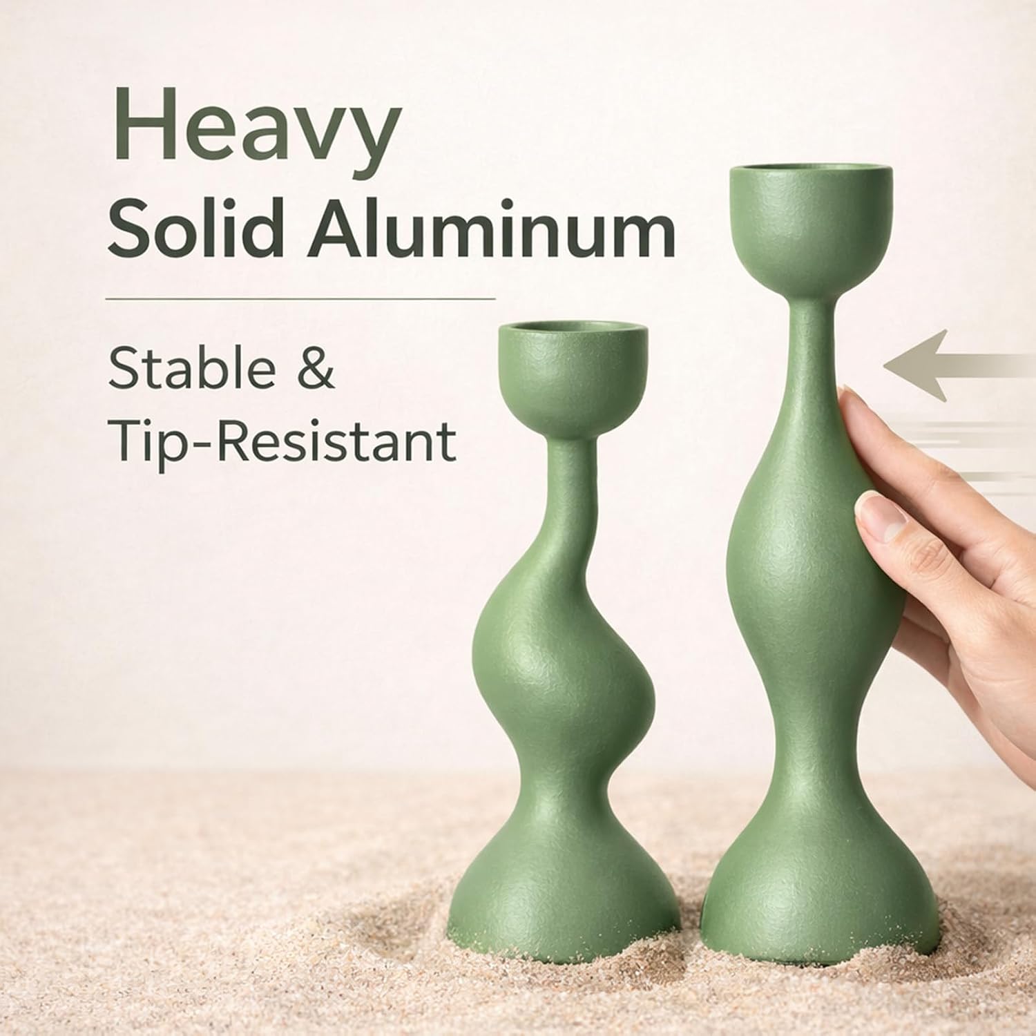 Smtyle Taper Candle Holders Set of 2 Sculptural Cast Aluminum Candlestick Holders, Modern Minimalist Sage Green Candle Stand for Dining Table, Living Room, Shelf Decor