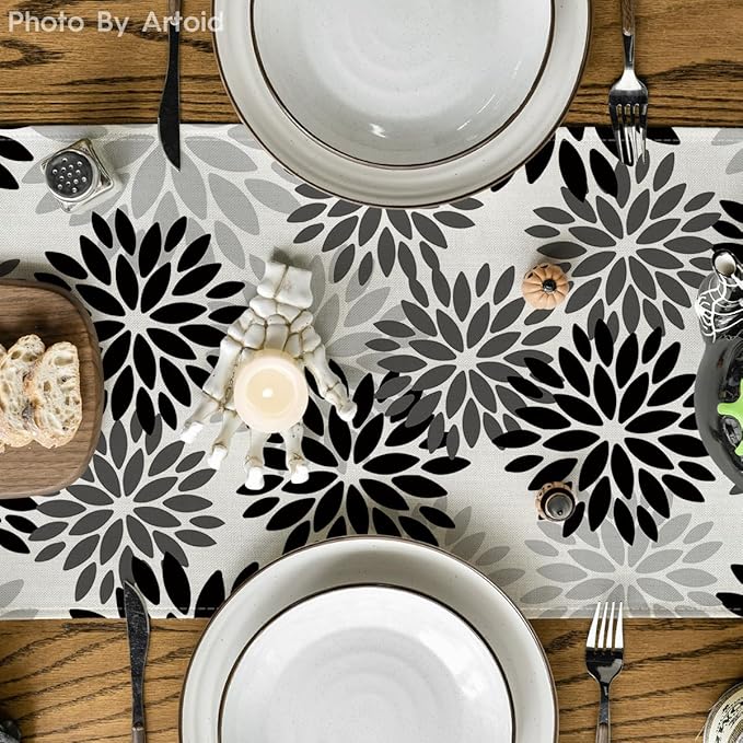 Artoid Mode Black Dahlia Floral Pinnata Halloween Table Runner, Fall Autumn Kitchen Dining Table Decoration for Home Party Decor 13x90 Inch