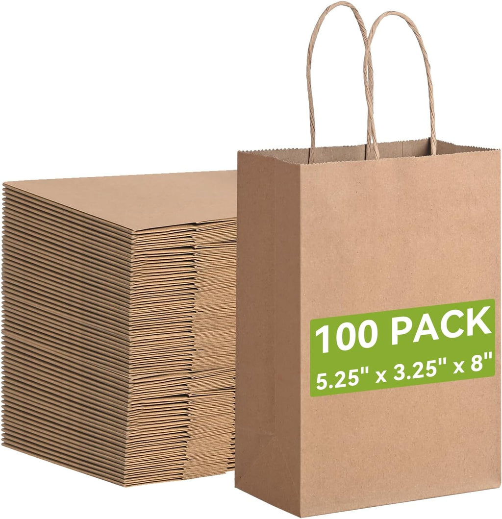 100 Pack Small Paper Gift Bags with Handles, 5.25 x 3.25 x 8 Inch, Brown | Kraft Material, Bulk Pack for Craft, Shopping, Business, Retail, Party Favor, Birthday and Grocery Use