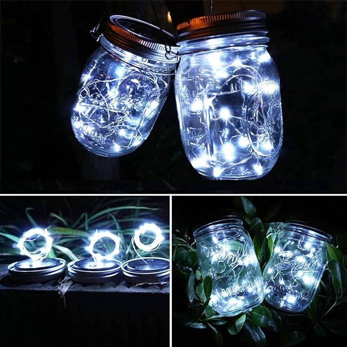SunKite Solar Mason Jar Lights, 12 Pack 30 LED Waterproof Fairy Firefly Jar Lids String Lights with Hangers(NO Jars), Patio Yard Garden Wedding Decoration - Cool White
