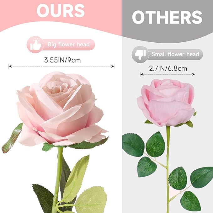 Tifuly Champagne Pink Roses Artificial Flowers - 12 Pcs Long Stem Silk Roses, Realistic Fake Roses with Stems for Bridal Bouquets, Home and Office DIY Decor