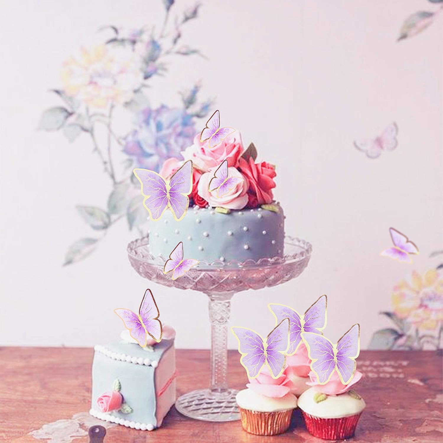 30Pcs 2D Waterproof Purple Butterfly Cake Topper Transparent Golden Butterflies Cupcake Toppers for Butterfly Birthday Wedding Floral Cake Decorartions Butterflies Wall Decorations Party Supplies