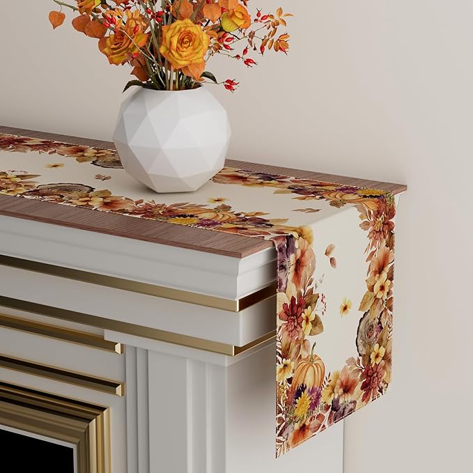 XCHI Fall Color Wild Flowers Watercolor Table Runner Table Decoration for Kitchen Dining Dinner Autumn Home Decor 13x90 Inch