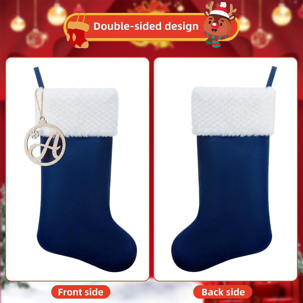 Personalized Christmas Stocking, 19.5 Inch Blue Velvet Christmas Stocking with Gold Wooden Letter Ornament - Fireplace Holiday Decor (Blue paw)