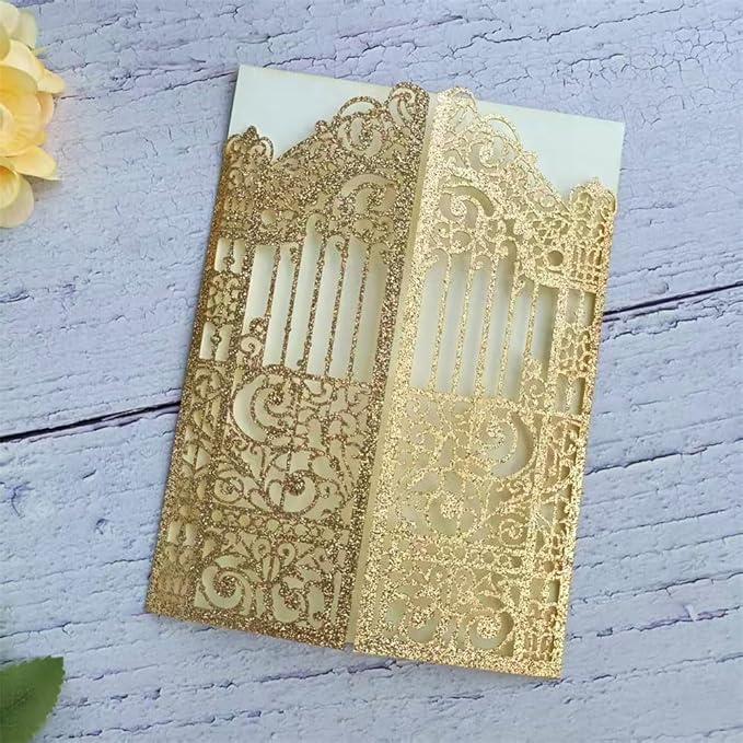 Glitter Laser Cut Gate Invitation Gold Castle For Wedding Valentine Birthday Quinceanera Sweet 16th 25 Sets (light rose gold glitter, 4.9"x7.1")