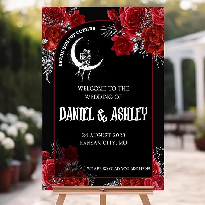 Gothic Halloween Welcome Sign, 4mm Thick Plastic, 12"x18", 28"x24", 18"x27", 24"x36", Black, Burgundy, Ground Stake, Wedding Sign
