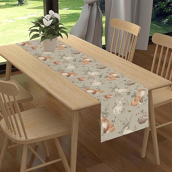 Rustic Forest Table Runner, Farmhouse Wild Woodland Animals Country Deer Fox Rabbits Watercolor Table Center Decor for Home Kitchen Dining Patio Holiday Party Outdoor Table Decorations, 13"x108" Inch